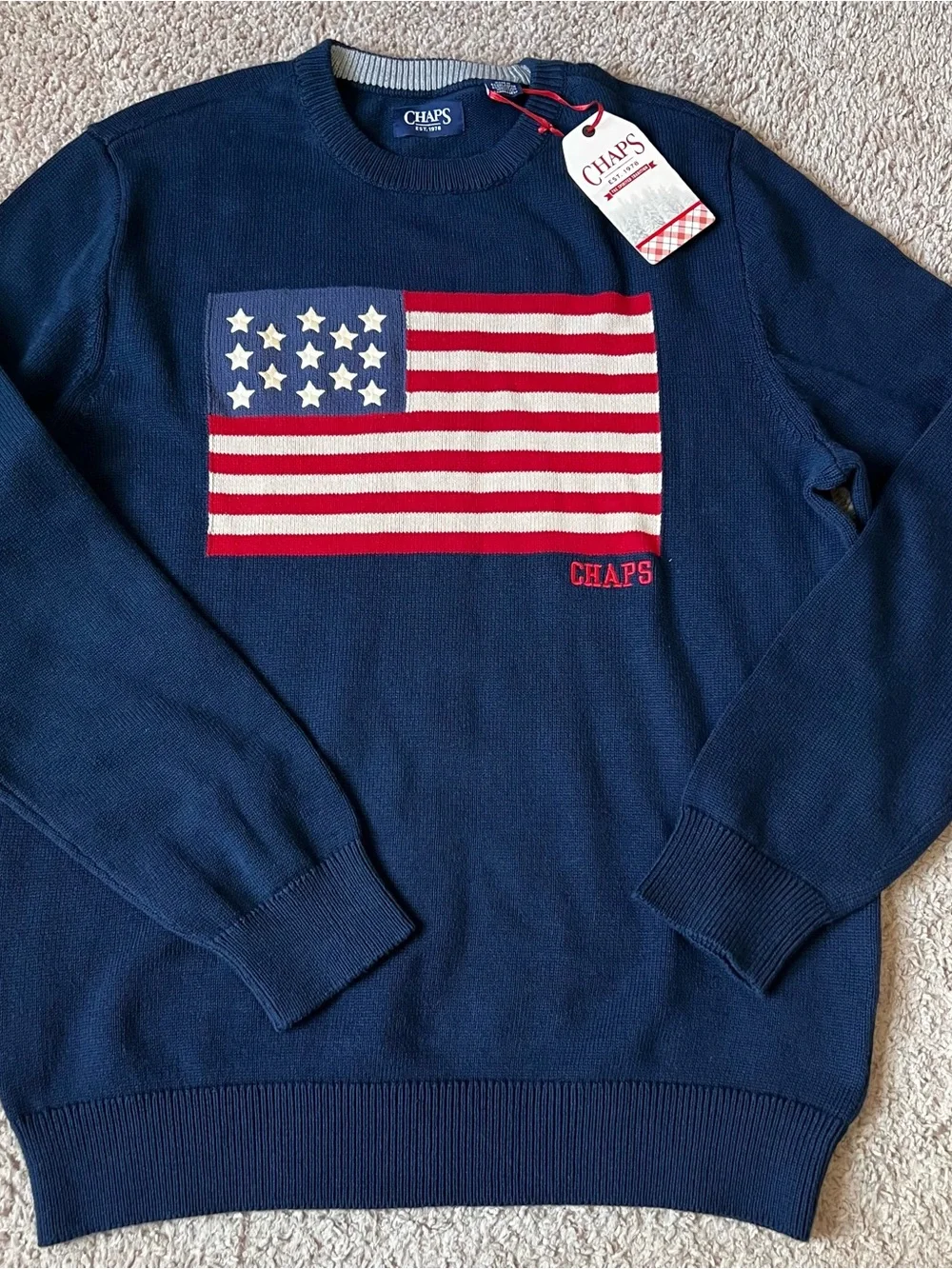 Chaps Navy Crewneck Sweater American Flag Large 100% Cotton NWT